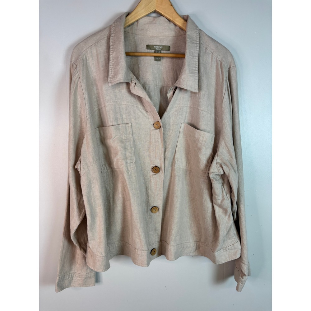 Naturals d&co Button Down Shirt 1X Beige Linen Blend Collared Top Women
